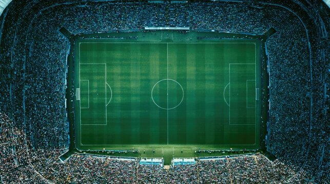 Vibrant stadium buzzing with excitement, fans cheering, perfect green pitch visible