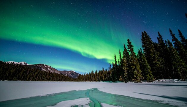 Aurora borealis over snowy pine forest mountain landscape.