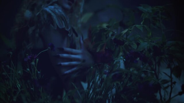 body part close-up hand with sharp claws black nails evil gothic fantasy woman posing stroking skin. bird costume natural feathers. cropped face lips. fairy tale shaman elf mystery girl. dark night