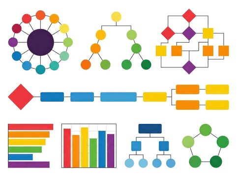 The infographic illustrates business concepts with various colorful diagrams and charts.