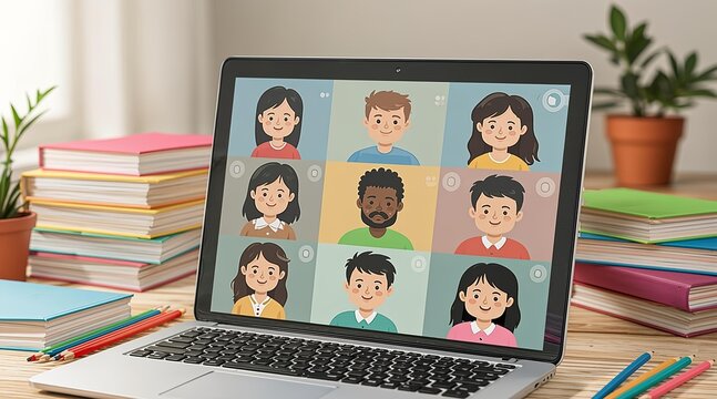 Laptop displaying virtual meeting grid with students and books for online education