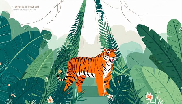 Majestic tiger walking through dense tropical jungle foliage.