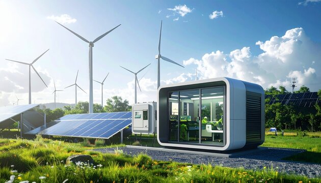Modern tram traveling through green urban landscape on sunny day.