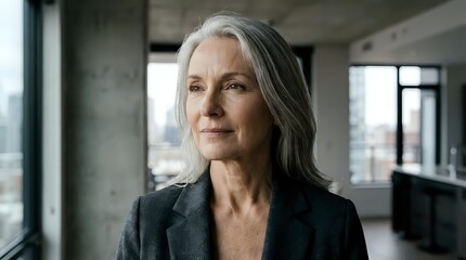 Fototapeta premium Senior businesswoman with gray hair in modern office looking confident and professional for corporate leadership concepts.