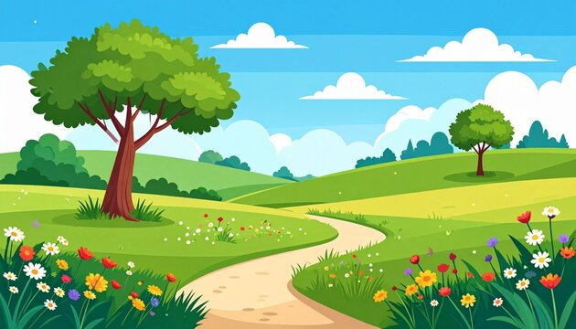 Serene countryside landscape with blooming wildflowers and trees.