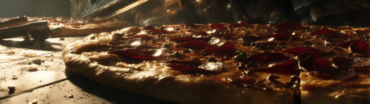 Close up of a delicious pizza with toppings selective focus food and cuisine