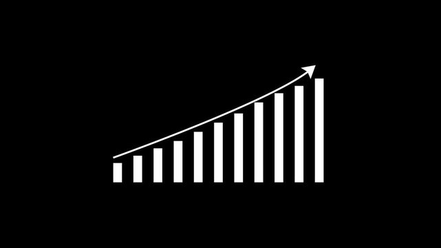 White growing business bar chart animation with rising arrow on black background.animation...