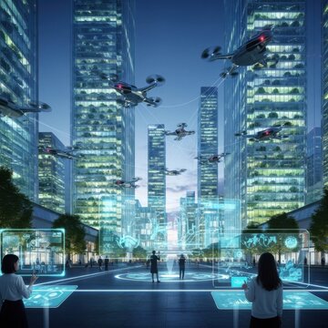 futuristic cityscape with flying taxis and people interacting with holographic screens