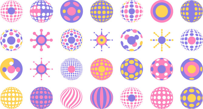 Assortment of abstract spherical in purple pink and yellow with varied dot and stripe patterns vector,
