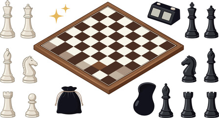 Isometric chess board game set with 3d black and white pieces timer and storage pouch isolated on white background vector illustration © Md. Al-Amin