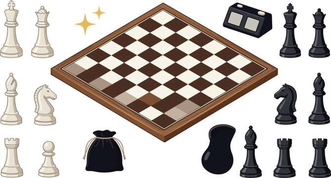 Isometric chess board game set with 3d black and white pieces timer and storage pouch isolated on white background vector illustration