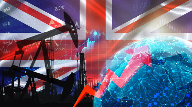 Global oil growth with British flag. International oil exports with United Kingdom flag on the economic chart