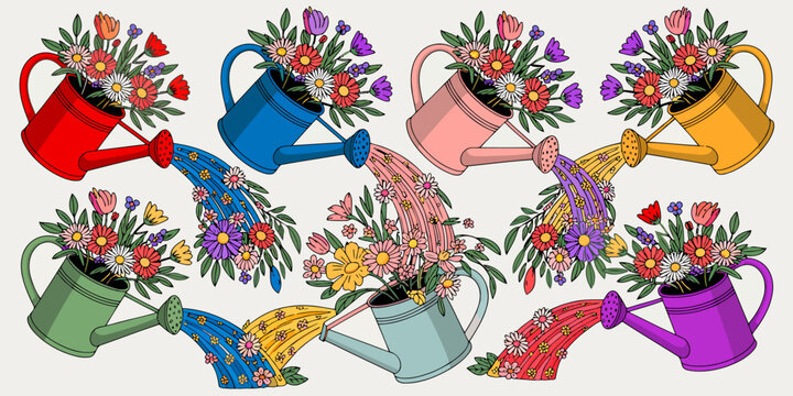 Assortment of colorful watering cans pouring out floral streams  vector,