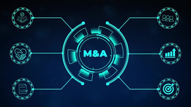 Business mergers and acquisitions concept. Share acquisition, asset business acquisition, amalgamation. Business review and development model. The abbreviation M and A on smart background, copy space.