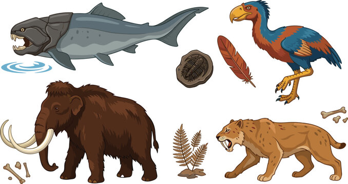 Prehistoric extinct animals vector illustration set featuring woolly mammoth, saber-toothed tiger, dunkleosteus armored fish, terror bird, fossils, and ancient plant elements