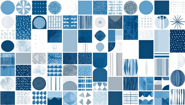 Abstract blue geometric pattern with overlapping shapes and lines.
