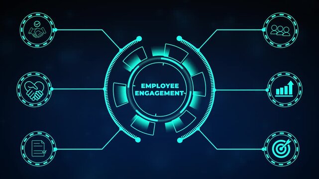 Employee engagement and team motivation. Productive people, inspiration. Common goals of the company and employees for sustainability. Touching on employee engagement text sourrounded by engage icons.