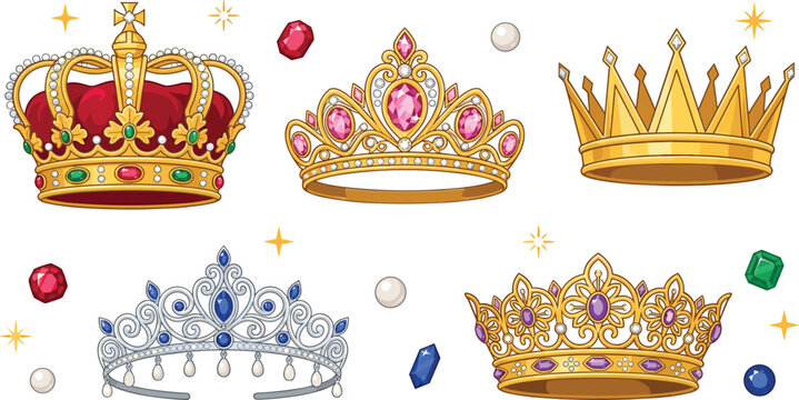 Royal golden crown and tiara vector set featuring imperial diadem, queen princess tiaras, luxury jewels, diamonds, and majestic coronation headwear elements