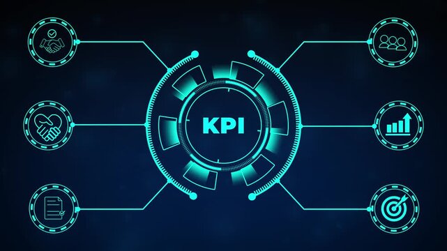 KPI concept. Key Performance Indicator using business intelligence metrics to measure achievement versus planned target. Touching on "KPI" abbreviation surrounded by business goals an process icons.
