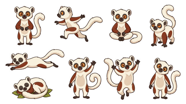 Collection of cute cartoon lemur characters in various poses like jumping and sleeping for nature-themed vector illustration graphic design