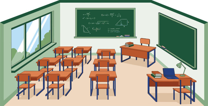 Empty school classroom interior with student desks wooden chairs chalkboards math formulas blackboard teacher table and laptop vector illustration background