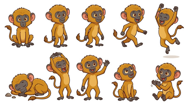A group of playful monkeys are jumping and sitting in various poses on a plain background in an illustration.
