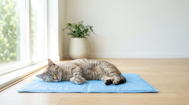 Cat resting on a cooling mat for comfort and relaxation