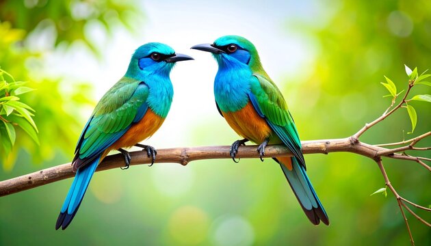 Two vibrant blue and orange parrots perched on branch.
