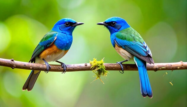 Two vibrant blue and orange birds perched on a branch.