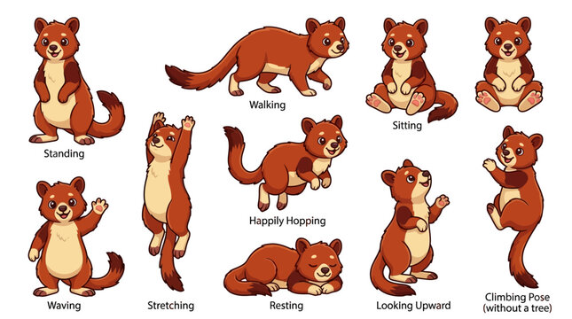 A group of cute cartoon ferrets are happily playing, sitting, standing, walking, stretching and looking upward in different poses.