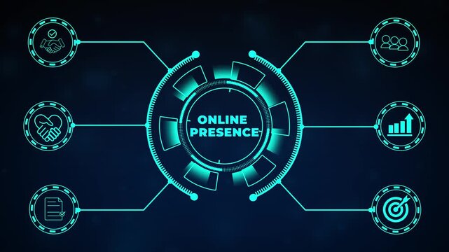 Online presence concept. Digital channels and platforms connecting the audience via websites, social media accounts and online directories. Increase brand awareness, attract customers and engagement.