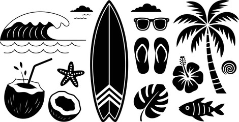 Obraz premium Black and white representing a tropical beach vacation with surfing and relaxation surfboard vector, transparent background