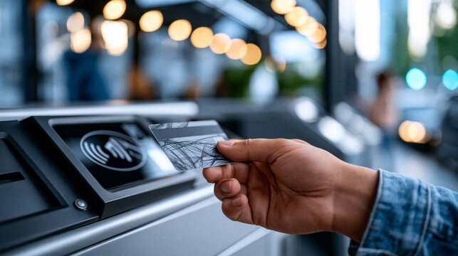 Close up of a passengers hand paying fare with a plastic card at a contactless terminal in bright public transport hands only clean daylight validation contactless payment