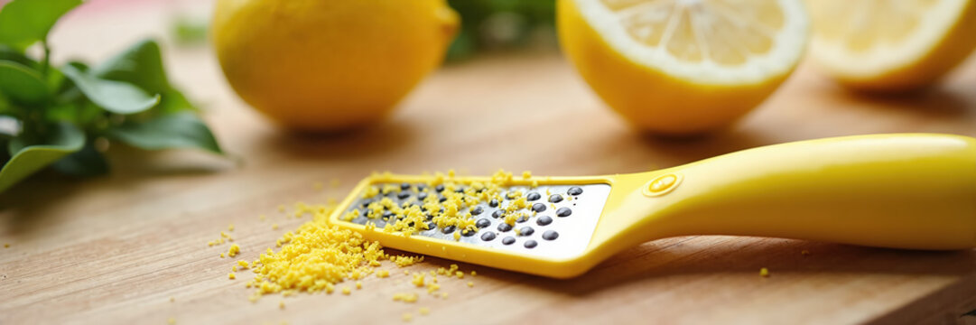 Fresh lemon zest on a yellow grater. Citrus fruit and wooden cutting board in a kitchen. Cooking and baking ingredients banner