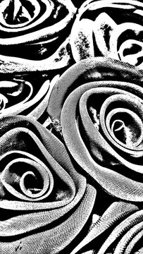 Monochrome rose flower pattern with detailed fabric mesh texture, high contrast abstract black and white floral background for design.