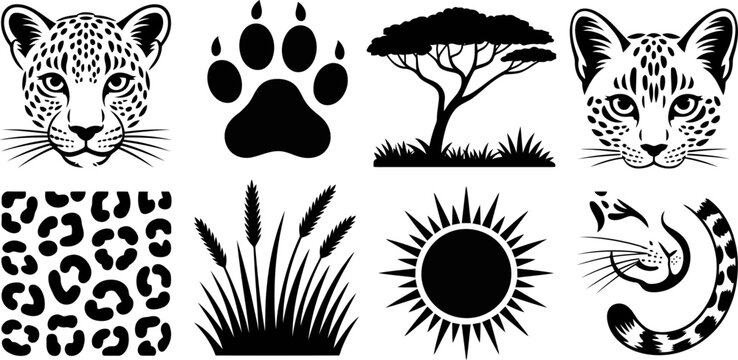 Black and white safari including leopard faces paw print acacia tree and sun vector, transparent background