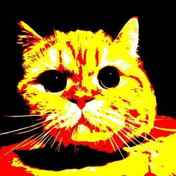 A striking graphic illustration of a cat face created with a high-contrast posterization effect. Featuring bold flat blocks of bright yellow, fiery red, and a solid black background, this artistic cat