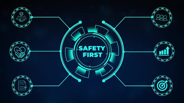 Safety first and work safety concept. Safety at workplace, safety first, protections, health, regulations and group insurance. Working standard process. Zero accidents. Operational excellence concept