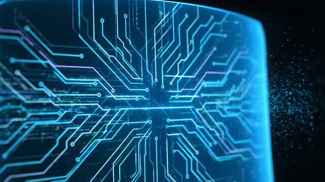 Glowing digital circuits and lines forming a network with light blue and cyan on a dark background