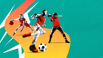 Obraz premium Modern sports collage featuring basketball soccer and baseball players for promotional design. Concept of sports event marketing, youth league promotion, competition branding and commercial ads.