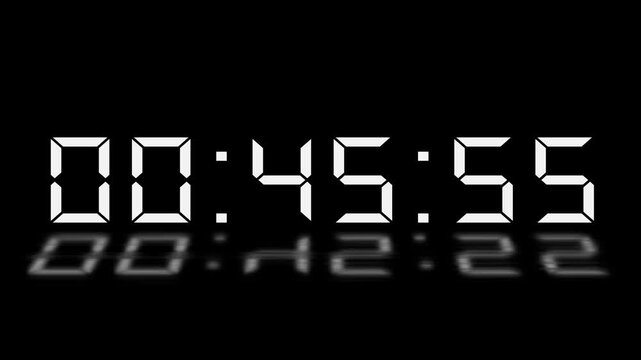 Digital 46 minute Countdown. Digital 46 to 45 minute Countdown timer on black background. Digital Countdown timer from 46 minute to 45 minute suitable for presentations, educational 4k video