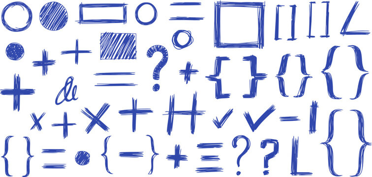 Blue hand drawn mathematical symbols and geometric shapes on a white background circle vector, transparent background