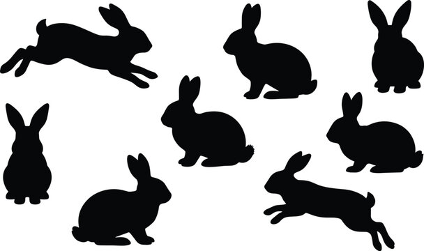 Rabbit silhouette vector collection featuring running, jumping, and sitting bunny graphics for easter holiday designs, hunting emblems, wildlife icons, and animal farm concepts
