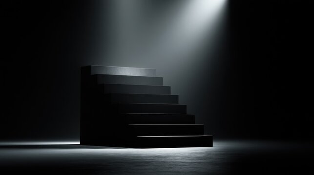 Ascending into Light: A stark, minimalist staircase, shrouded in dramatic shadows and illuminated by a single, piercing spotlight, invites contemplation of progress and the unknown journey ahead.