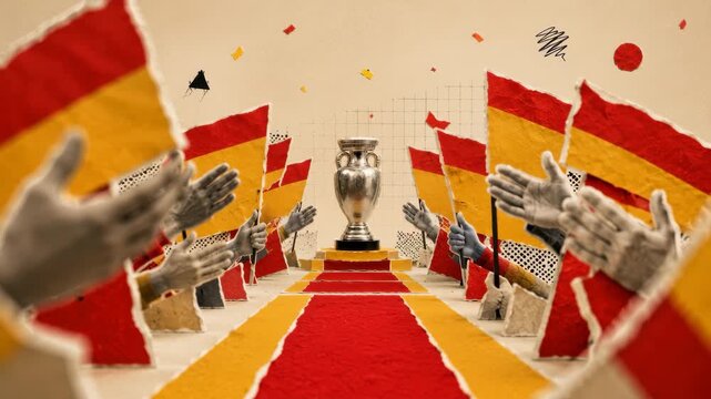 Paper collage illustration of a spain soccer championship trophy surrounded by red and yellow Spanish flag colors