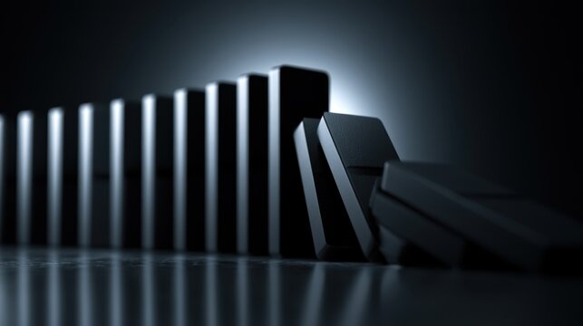 Domino Effect in Motion: A series of black dominoes stands aligned, with the front ones beginning to topple, creating a visual representation of cause and effect or a chain reaction.