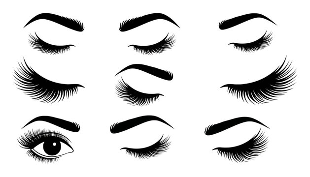 Eyelash extensions set icons vector black silhouette with eyelashes