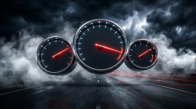 High speed car dials tachometer and speedometer rushing fast over smoky asphalt road