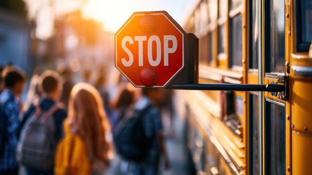School Bus Stop Sign: A prominent red stop sign on a school bus signals safety and order for students disembarking into the warm, late afternoon sun.