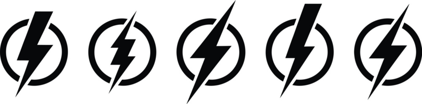 Lightning Bolt Icon featuring circular energy emblems, electricity symbols, power signs, thunder warning, battery charging, and fast electric vector designs.